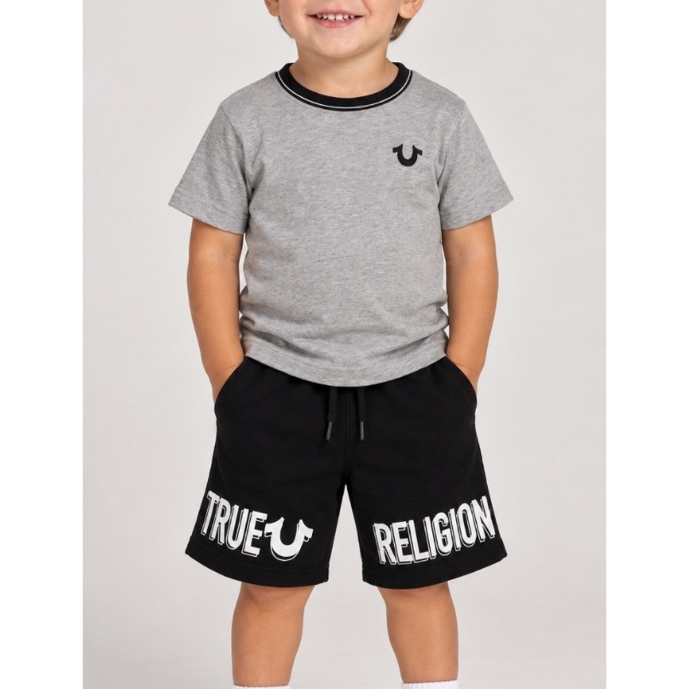 NEW True Religion Boys 2 Piece Set Grey Graphic Tee Black Fleece Shorts 3T 5/6